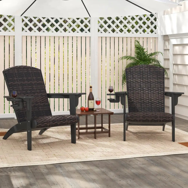 Patio Adirondack Chair with Rattan Padded Seat and Hidden Cupholder-Black - Black - Adirondack Chairs