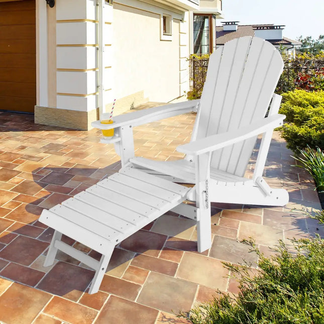 Patio All-Weather Folding Adirondack Chair with Pull-Out Ottoman-White - White - Adirondack Chairs