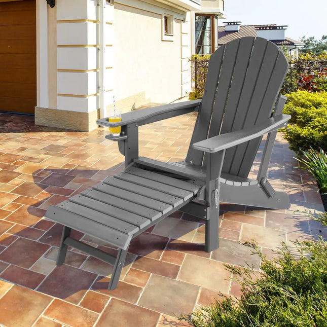 Patio All-Weather Folding Adirondack Chair with Pull-Out Ottoman-Gray - Gray - Adirondack Chairs