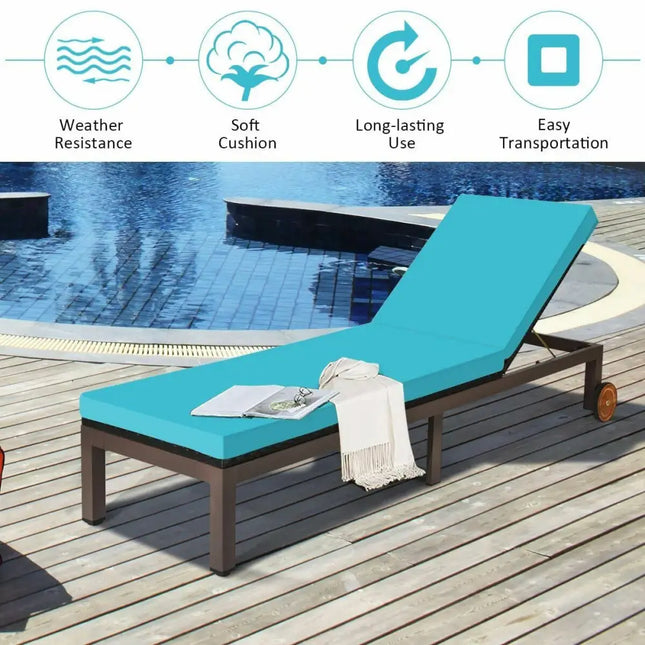 Patio Chaise Lounge Chair Outdoor Rattan Lounger Recliner Chair-Turquoise - Turquoise - Outdoor Chaise Lounges