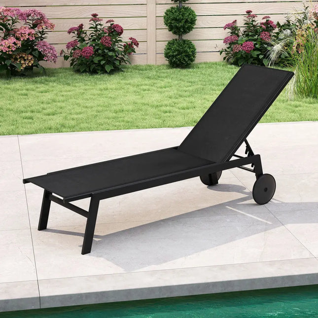 Patio Chaise Lounge Chair with Wheels and 6-Level Adjustable Backrest Set of 1 - Black - Outdoor Chaise Lounges