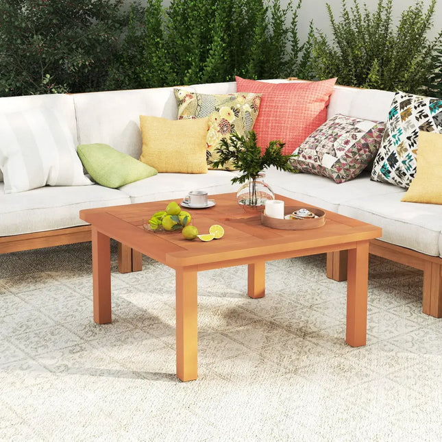 Patio Coffee Table with Umbrella Hole and Teak Oil Finish - Natural - Patio Coffee Tables