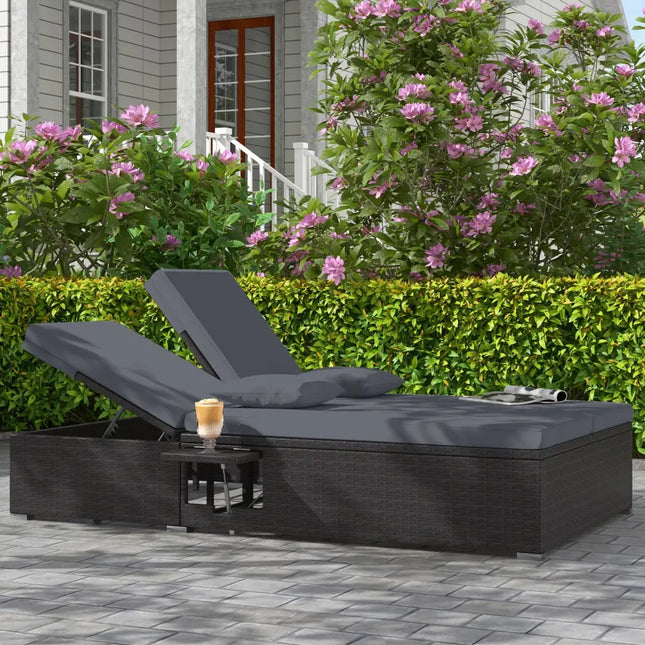 Patio Double Chaise Lounge with Cushions and Folding Side Trays-Gray - Gray - Outdoor Chaise Lounges
