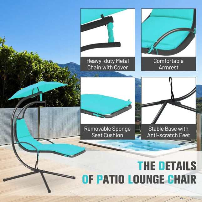 Patio Hanging Hammock Chaise Lounge Chair with Canopy Cushion for Outdoors-Turquoise - Turquoise - Outdoor Chaise