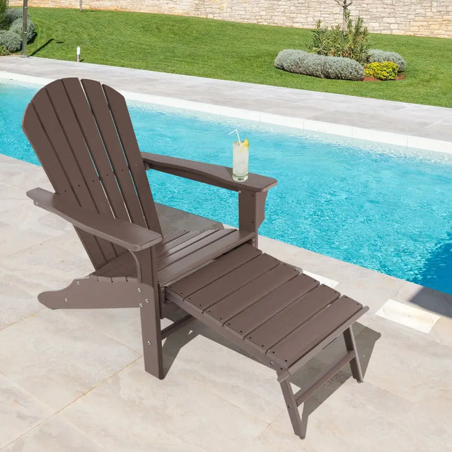 Patio HDPE Adirondack Chair with Retractable Ottoman-Brown - Brown - Adirondack Chairs