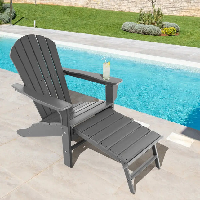 Patio HDPE Adirondack Chair with Retractable Ottoman-Gray - Gray - Adirondack Chairs