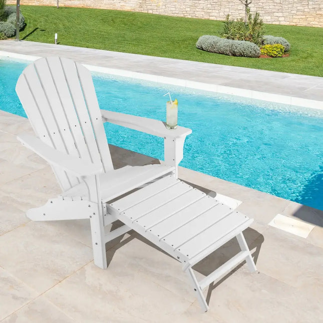 Patio HDPE Adirondack Chair with Retractable Ottoman-White - White - Adirondack Chairs