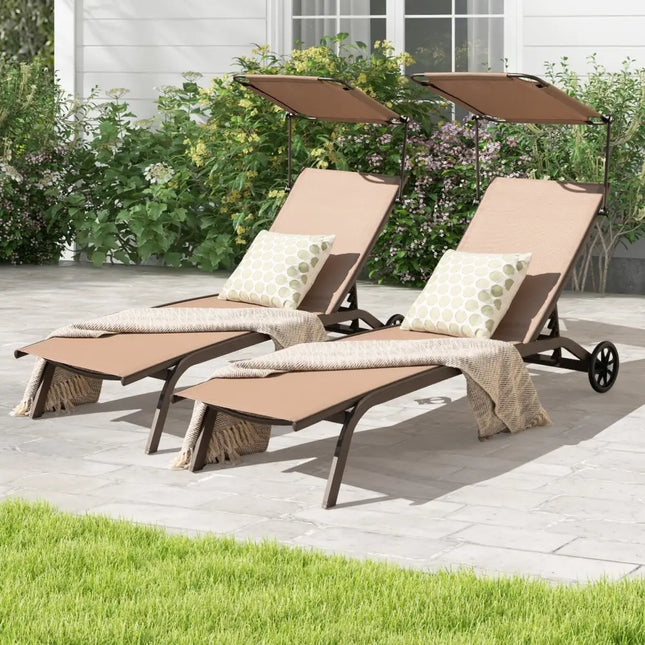Patio Heavy-Duty Adjustable Chaise Lounge Chair with Canopy Cup holder and Wheels-Brown - Brown - Outdoor Chaise Lounges