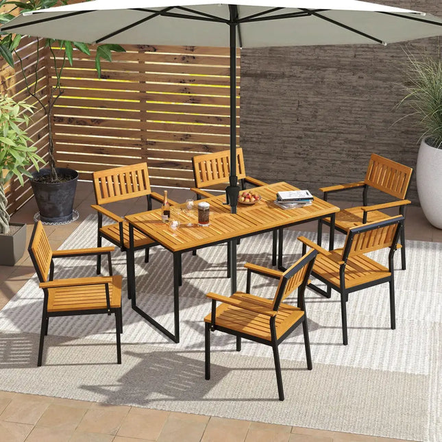 Patio Outdoor Dining Chair Set of 2 with Metal and Acacia Wood Frame - Natural - Patio Dining Chairs