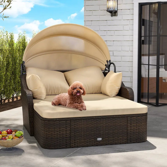 Patio PE Rattan Daybed with Retractable Canopy and Soft Cushions-Beige - Beige - Outdoor Sectionals