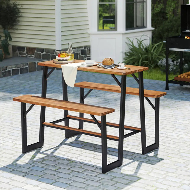 Patio Picnic Table Bench Set with Acacia Wood Tabletop and Benchtop - Natural - Picnic Tables