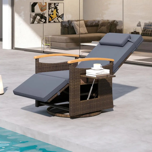Patio Rattan 360° Swivel Recliner Chair with Adjustable Backrest and Footrest-Gray - Gray - Outdoor Chaise Lounges