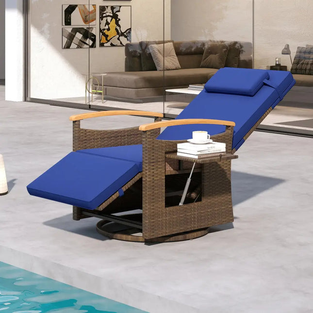 Patio Rattan 360° Swivel Recliner Chair with Adjustable Backrest and Footrest-Navy - Navy - Outdoor Chaise Lounges
