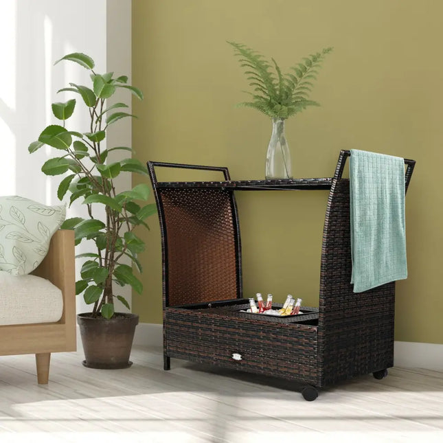Patio Rattan Bar Serving Cart with Glass Top and Handle - Brown - Patio Bar Furniture