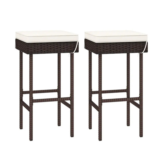 Patio Rattan Barstools Set of 2/4 with Footrest and Soft Cushions for Backyard Balcony-2 Pieces - Off White - Patio Bar