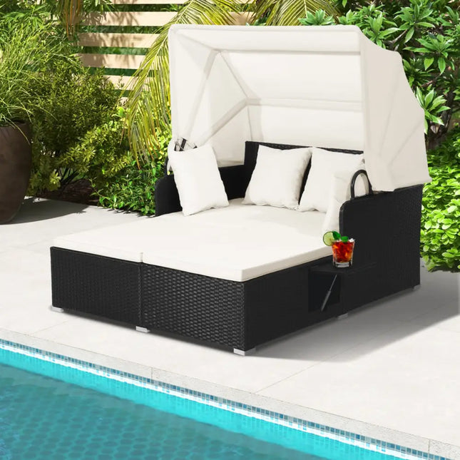 Patio Rattan Daybed with Retractable Canopy and Side Tables-Off White - Off White - Outdoor Sectionals