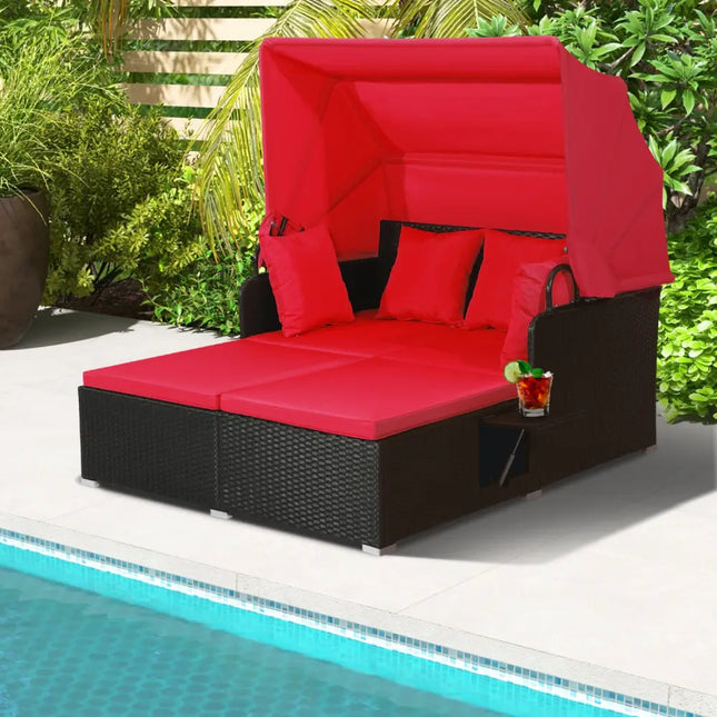 Patio Rattan Daybed with Retractable Canopy and Side Tables-Red - Red - Outdoor Sectionals