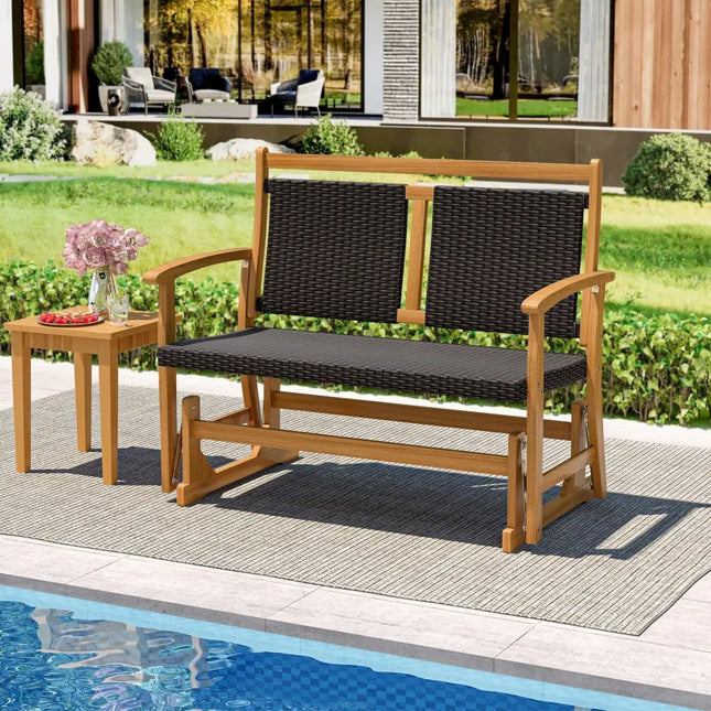 Patio Rattan Glider Bench for 2 with Acacia Wood Frame and Wicker Seat Back - Brown - Patio Rocking Chairs & Gliders