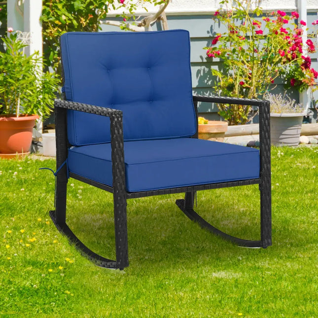 Patio Rattan Rocker Outdoor Glider Rocking Chair Cushion Lawn-Navy - Navy - Patio Rocking Chairs & Gliders