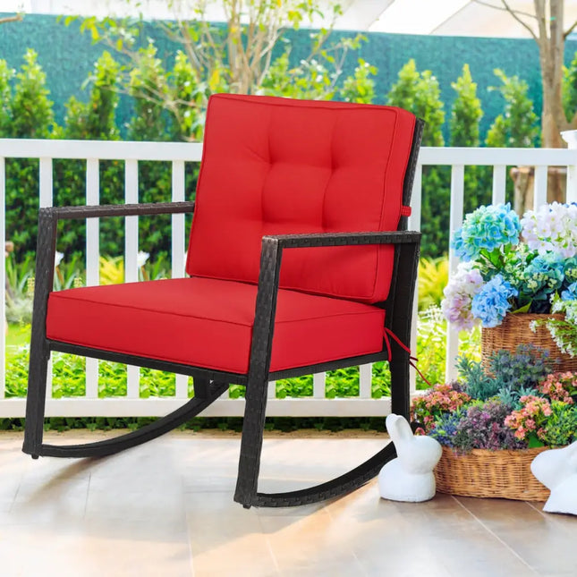Patio Rattan Rocker Outdoor Glider Rocking Chair Cushion Lawn-Red - Red - Patio Rocking Chairs & Gliders