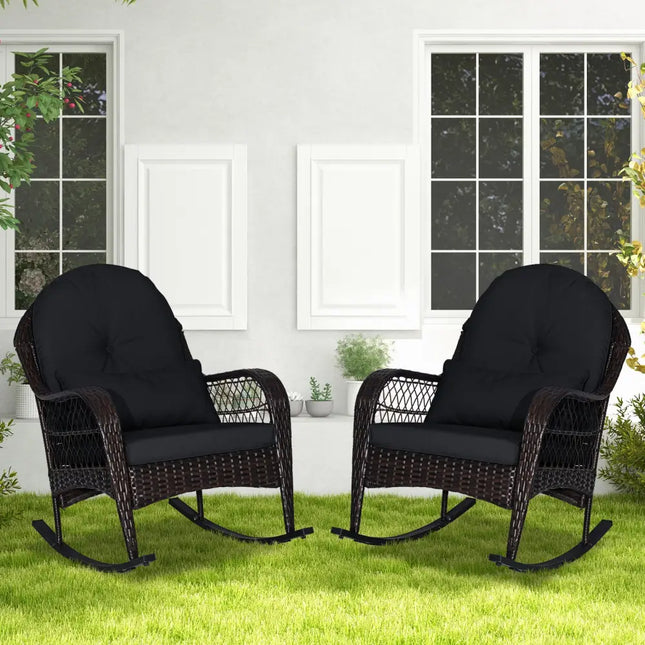Patio Rattan Rocking Chair with Seat Back Cushions and Waist Pillow-Black - Black - Patio Rocking Chairs & Gliders