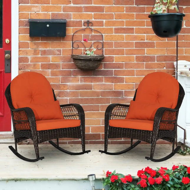 Patio Rattan Rocking Chair with Seat Back Cushions and Waist Pillow-Red - Orange - Patio Rocking Chairs & Gliders