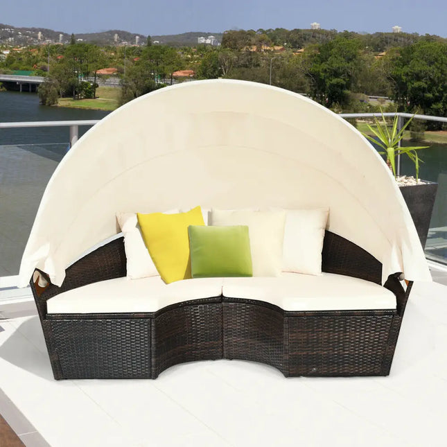 Patio Round Daybed Rattan Furniture Sets with Canopy - White - Patio Furniture Sets