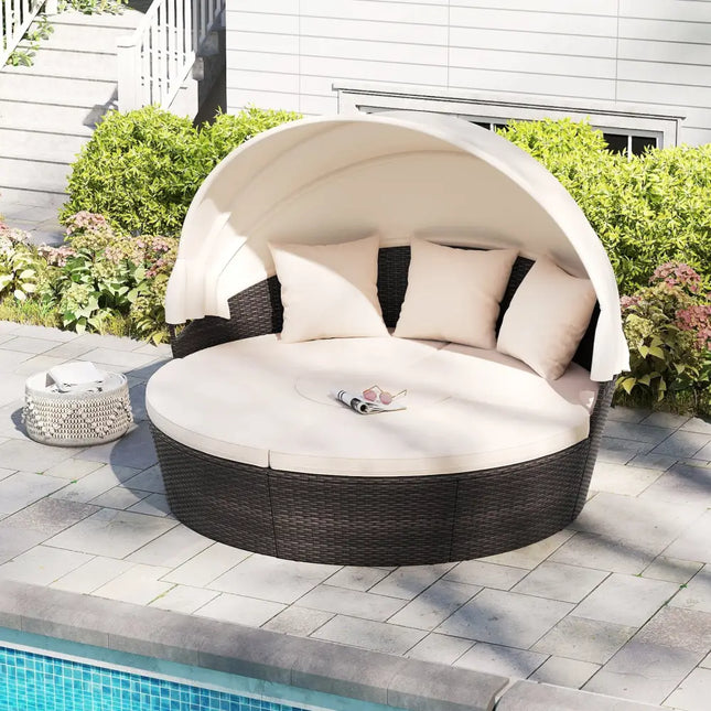 Patio Round Daybed with Retractable Canopy-White - White - Outdoor Sectionals