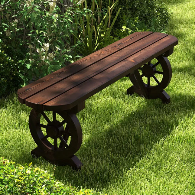 Patio Rustic Wood Bench with Wagon Wheel Base - Rustic Brown - Outdoor Benches