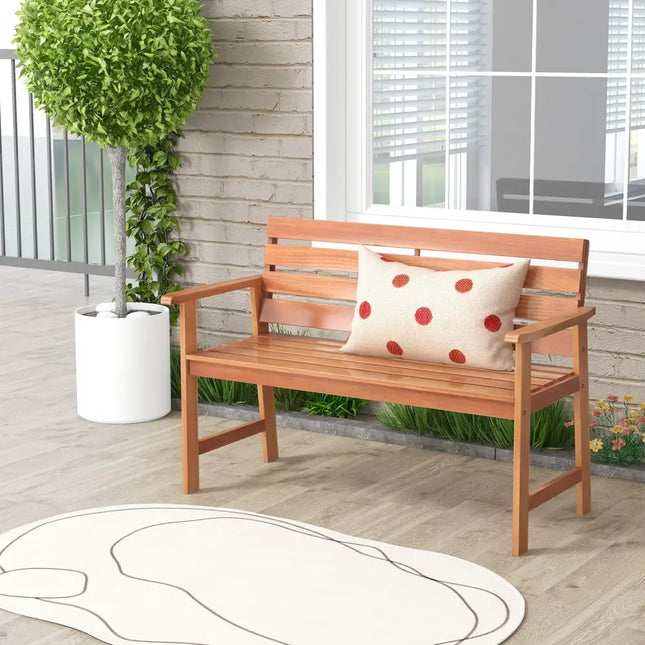 Patio Solid Wood Bench Wood 2-Seat Chair with Breathable Slatted Seat & Inclined Backrest - Natural - Outdoor Benches