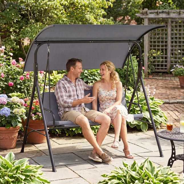 Patio Swing Chair with Adjustable Canopy & Removable Cushion and Metal Stand-Gray - Gray - Porch Swings