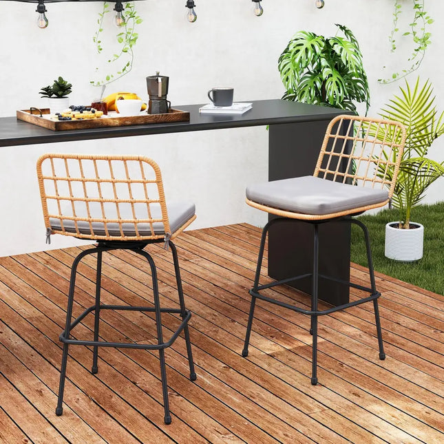 Patio Swivel Barstools Set of 2 with Soft Seat Cushions-Gray - Gray - Patio Dining Chairs