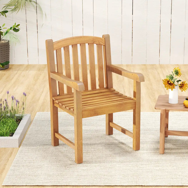 Patio Teak Wood Dining Chair with Slatted Seat Backrest and Solid Legs - Natural - Patio Dining Chairs
