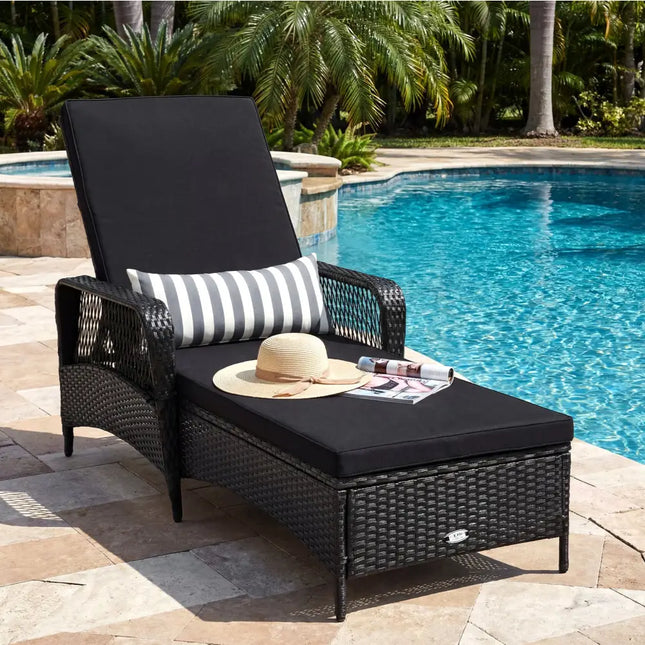 Patio Wicker Chaise Lounge Chair with Pillow and Adjustable Backrest with Cushion-Black - Black - Outdoor Chaise Lounges