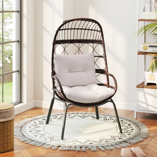 Patio Wicker Egg Chair Outdoor Rattan Lounge Basket with Seat and Back Cushions-Brown - Brown - Outdoor Chaise Lounges