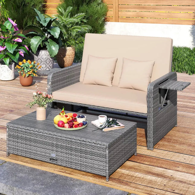 Patio Wicker Loveseat Sofa with Multipurpose Ottoman and Retractable Side Tray-Beige - Beige - Patio Furniture Sets