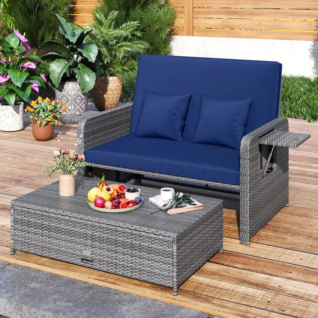 Patio Wicker Loveseat Sofa with Multipurpose Ottoman and Retractable Side Tray-Navy - Navy - Patio Furniture Sets