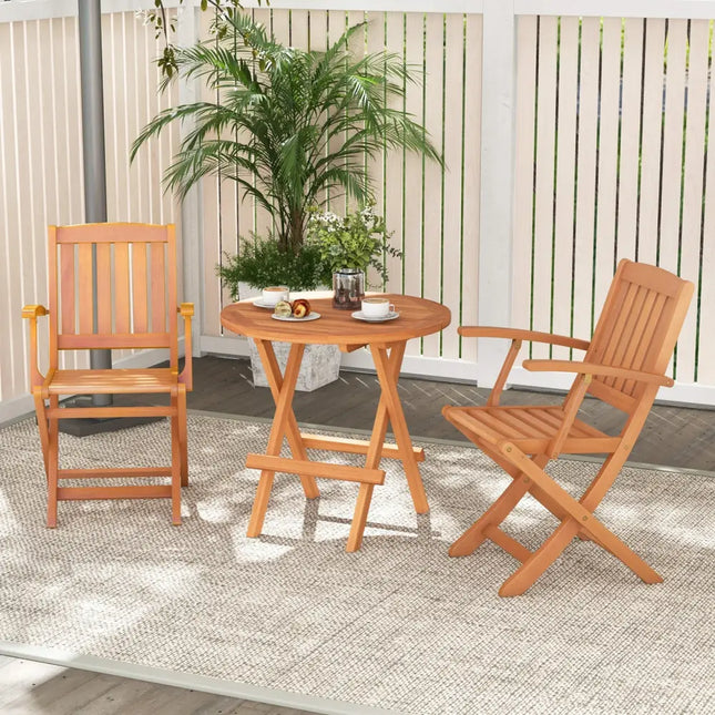 Patio Wood Folding Chair Set of 2 with Armrests and Slatted Seat - Natural - Patio Dining Chairs