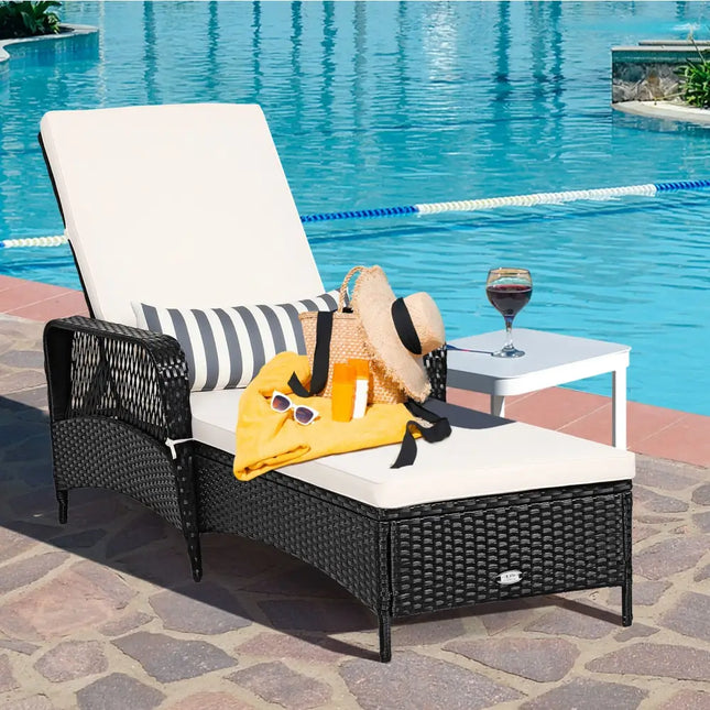 PE Rattan Armrest Chaise Lounge Chair with Adjustable Pillow-Off White - Off White - Outdoor Chaise Lounges
