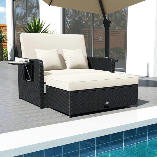 PE Wicker Outdoor Daybed with 4-Level Adjustable Backrest and Storage Ottoman-White - White - Outdoor Sectionals