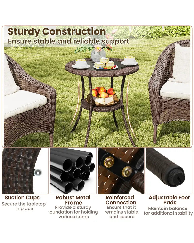 PE Wicker Patio Bistro Table Round with Tempered Glass Top and Shelf - Brown - Patio Dining Tables