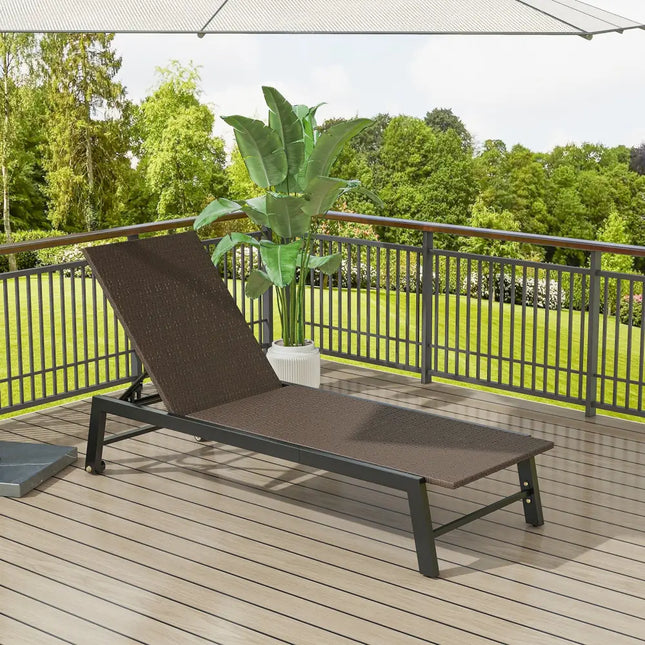 PE Wicker Patio Chaise Lounge Chair with Wheels for Poolside Backyard and Deck - Brown - Outdoor Chaise Lounges