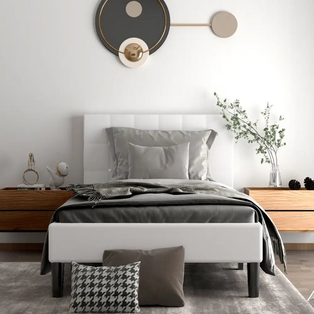 Platform Bed with Button Tufted Headboard-Beige - Beige - Simple Bed Frame