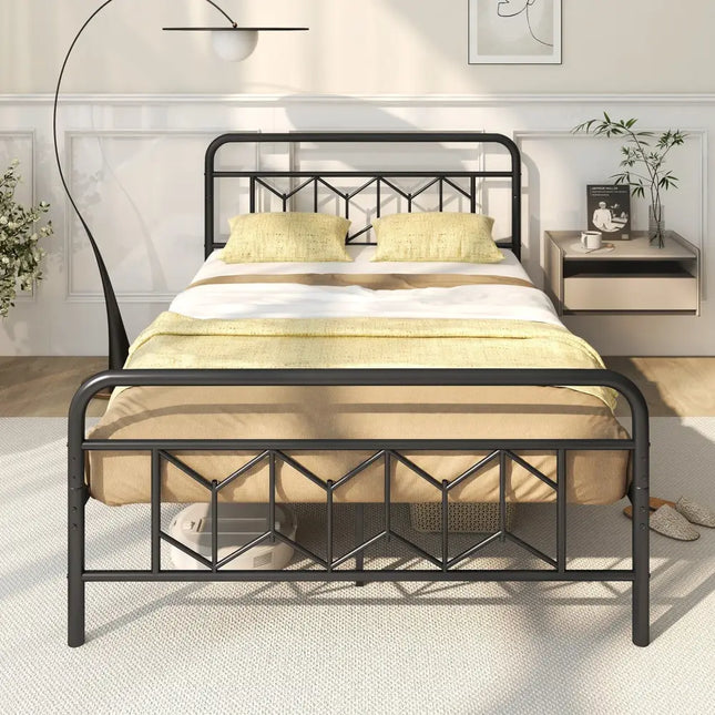 Platform Bed with High Headboard and Snap Lock Metal Slats-Full Size - Black - Simple Bed Frame