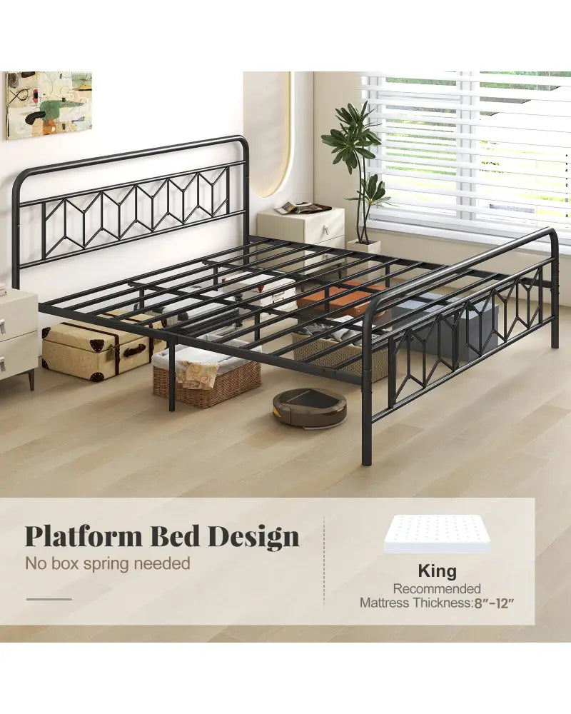 Platform Bed with High Headboard and Snap Lock Metal Slats-King Size - Black - Simple Bed Frame