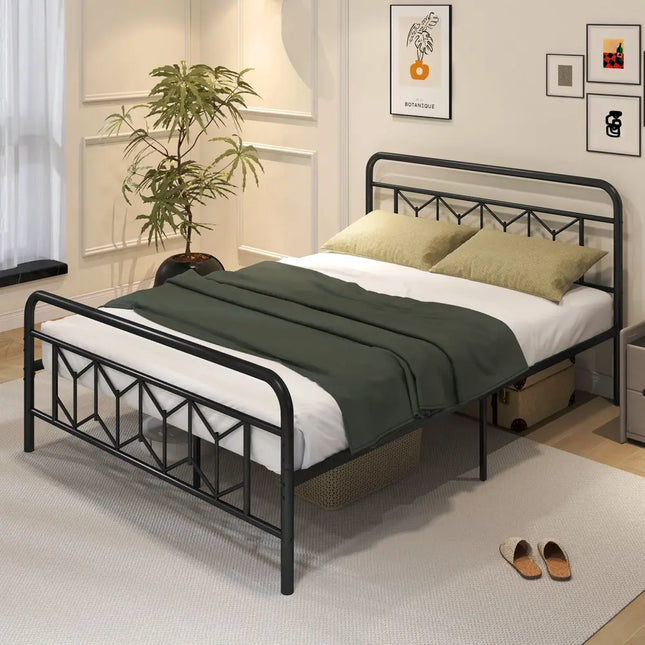 Platform Bed with High Headboard and Snap Lock Metal Slats-Queen Size - Black - Simple Bed Frame