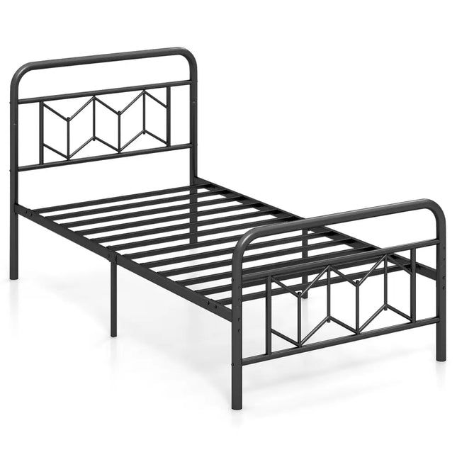 Platform Bed with High Headboard and Snap Lock Metal Slats-Twin Size - Black - Simple Bed Frame