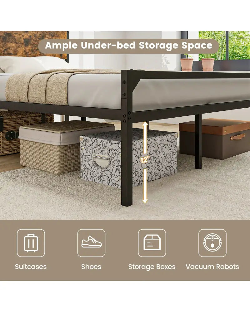 Platform Full/Queen Bed with Rustic Headboard and Footboard-Full Size - Black - Simple Bed Frame