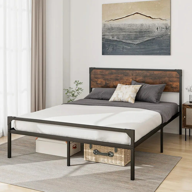 Platform Full/Queen Bed with Rustic Headboard and Footboard-Queen Size - Black - Simple Bed Frame