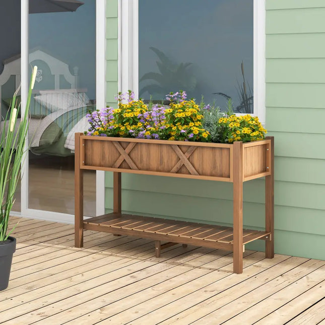 Poly Wood Elevated Planter Box with Legs Storage Shelf Drainage Holes-Coffee - Coffee - Raised Garden Beds